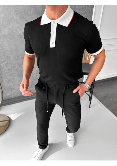 Modefendi Yüksek Kalite Desenli Polo Yaka Tshirt Siyah