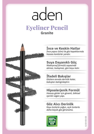 Aden Eyeliner Pencil Waterproof - Suya Dayanıklı Eyeliner Kalem 03 Granite Gri Diğer