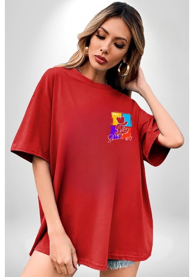 Baş Belası Teddy Kırmızı Oversize Unisex Ön Ve Sırt Baskılı Tişört Kırmızı