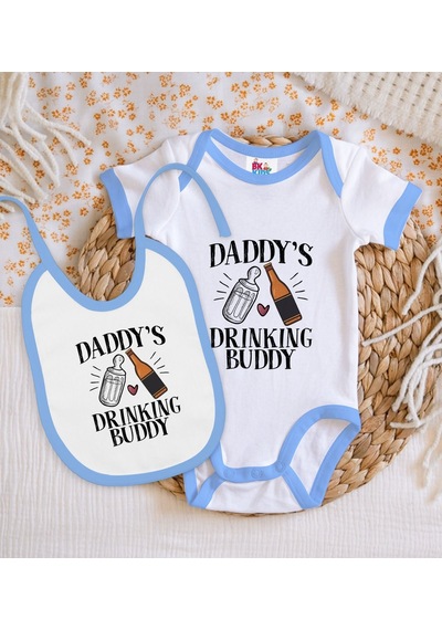 Bk Kids Daddy's Drinking Buddy Tasarımlı Mavi Bebek Body Zıbın Ve Çok Renkli