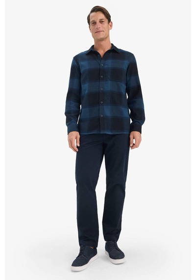 Defacto Regular Fit Polo Yaka Kareli Flanel Uzun Kollu Gömlek E8242ax25aunv64 Lacivert-nv64