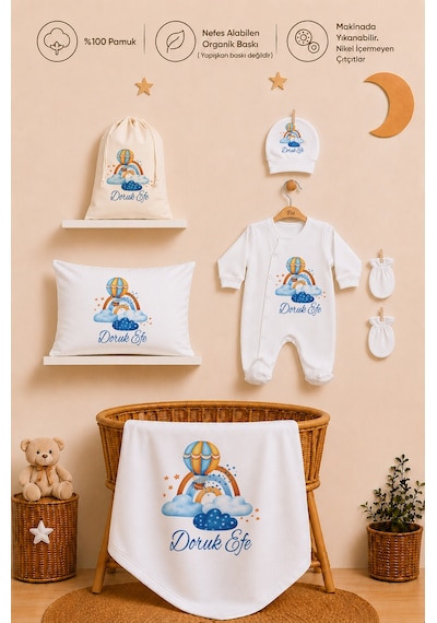 Pia Baby İsme Özel Hastane Çıkışı %100 Pamuk Erkek Bebek Organik Baskılı Tulum Set Keseli Hediyelik 2049tybk3x Krem
