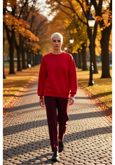 Benerly Kadın Bisiklet Yaka Düşük Kol Oversize Kalın Örme Sweatshirt Fonk Kırmızı