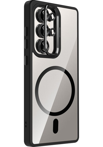 Samsung Galaxy Uyumlu S22 Ultra Kılıf Kamera Lens li Standlı M-safe Şarj Özellikli Etro Kapak Siyah