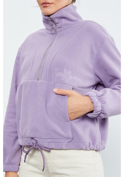 Tommy Life Eflatun Yarım Fermuar Etek Ucu Büzgülü Kadın Polar Oversize Sweatshirt - 97171 Eflatun