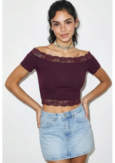 Shade Kadın Madonna Yaka Dantel Detaylı Soft Touch Crop Bluz 0992 60286052 - Mürdüm