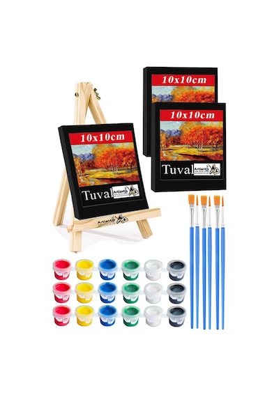 Mini Şövale 10x10 Cm Siyah Tuval 3 Ml Akrilik Boya 6 Renk Ve Fırça Mini Siyah Tuval Masaüstü Küçük Şövale Boyama Seti