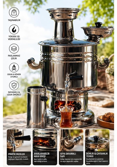 Paslanmaz Çelik Krom Semaver 4.5 Litre - Çantalı - Kömür & Odun Semaveri Çok Renkli