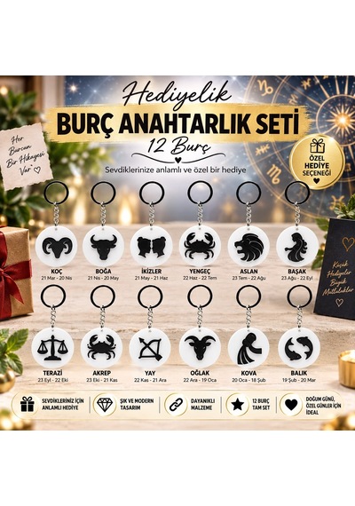 Burç Anahtarlık Seti- 12 Burç Gri
