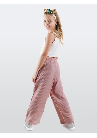 Çiçekli Kız Çocuk Pembe Müslin Pantolon Takım