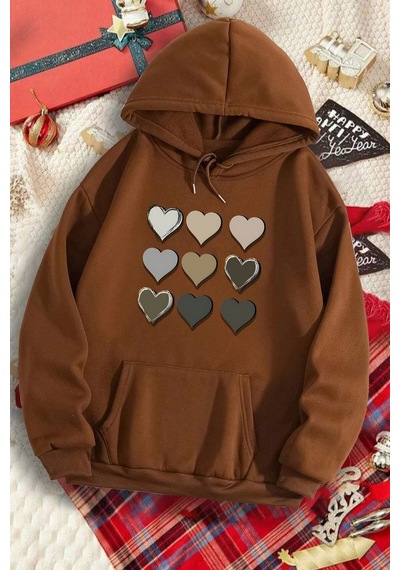 Uyguntarz Unisex Oversize Kalp Baskılı Sweatshirt Kahverengi