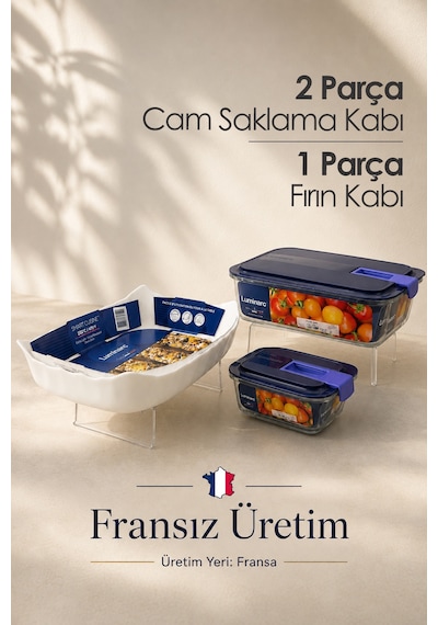 3 Parça Cam Saklama Kabı Ve Fırın Kabı Seti Vakumlu Kapaklı Fransız Üretimi
