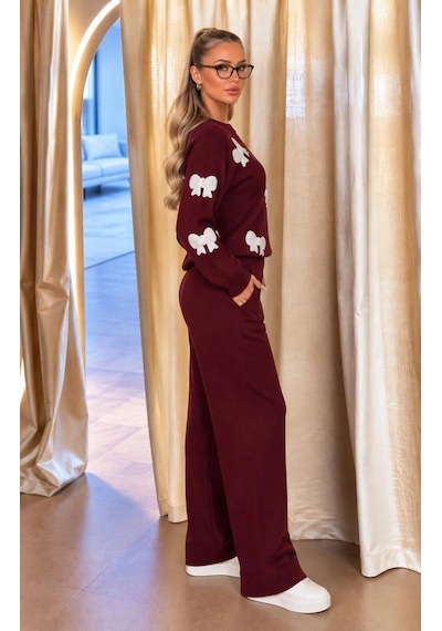 Elora Atelier Bordo Fiyonk İşlemeli Tiriko Takım