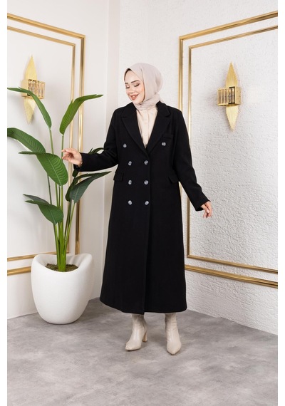 Hb Harma Time Butik Kadın Astarlı Düğmeli Cepli Uzun Siyah Kaşe Kaban Siyah Siyah