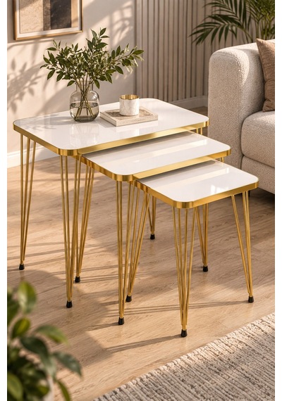 Sulorahome Gold Tel Zigon Sehpa Takımı Beyaz 3'lü Beyaz - Altın