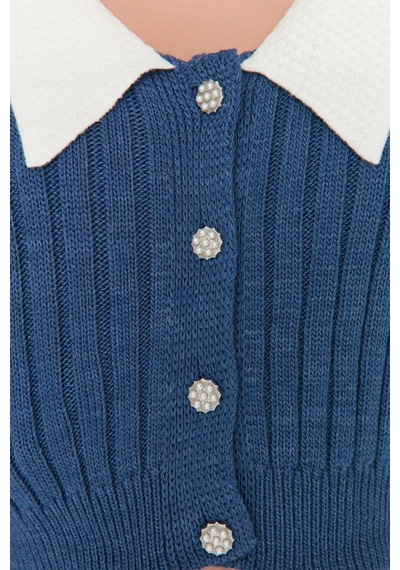 Ersefa Kadın Modern Tarz Regular Bebe Yaka Crop Triko Hırka Indigo