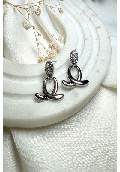 Luxury Collection Damla Tasarım Zirkon Taşlı Gümüş Renk Çelik Küpe Gümüş