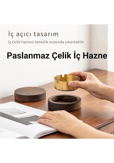 Coofbe Ahşap Kapaklı Masaüstü Küllük Kül Tablası Paslanmaz Çelik Kül Tablası Koku Engellemeli Küllük