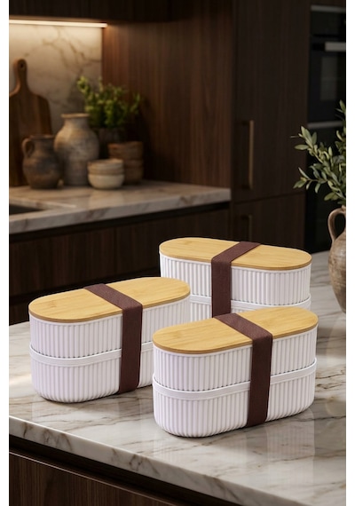 Makri Home 3 Adet 2'li Bambu Kapaklı Saklama Ve Beslenme Kutusu 2 Katlı, 20 X 9 X 5,5 Cm Krem