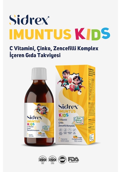 Imuntus Kids Portakal Aromalı C Vitamini, Çinko Ve Zencefilli Komplex İçeren Gıda Takviyesi 150ml