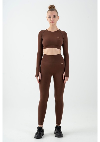 Maraton Active Slimfit Kadın Bisiklet Yaka Uzun Kol Training Sepya Crop Top 816005 Kahverengi