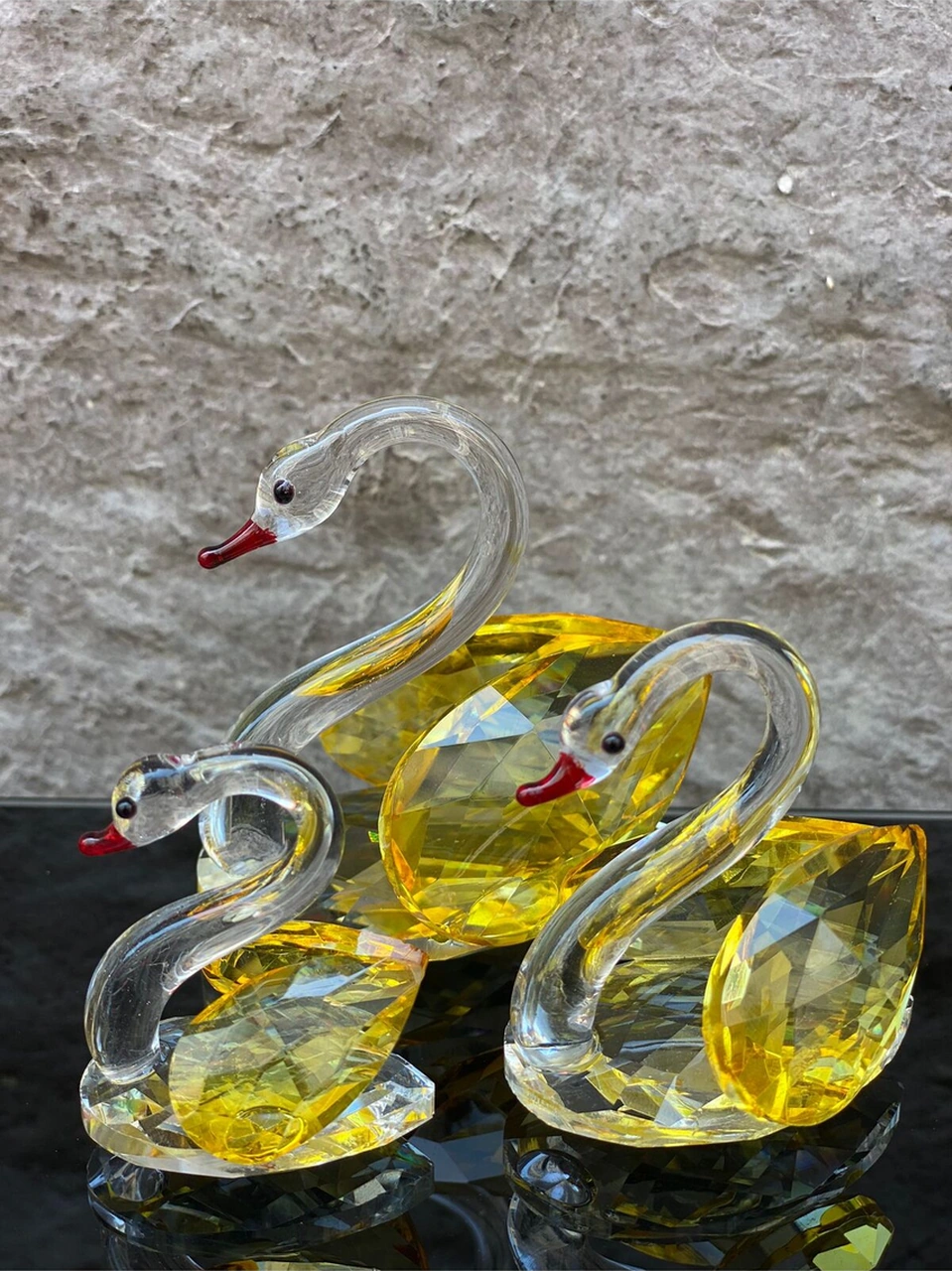 Dekoratif Kristal Cam Üçlü Kuğu Sarı
