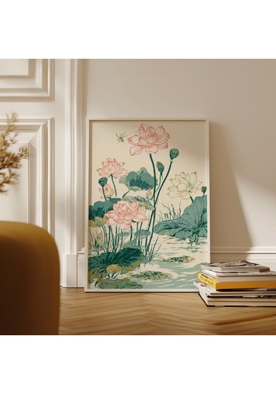 Lotus Göleti Sanat Baskısı Botanik Duvar Dekoru Asya Su Bahçesi İllüstrasyonu