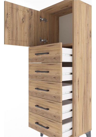 Arges Dolap Tek Raflı 5 Çekmeceli Tek Kapaklı 44x30x134 Çam-çam Çam