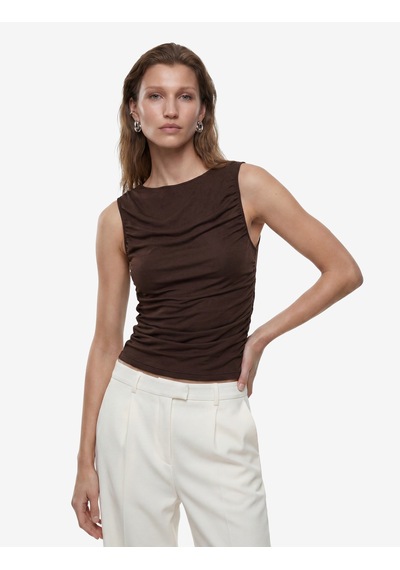 Koton Skinny Fit Bisiklet Yaka Drapeli Kolsuz Tül Bluz Kahverengi 6sak10413ek Kahve