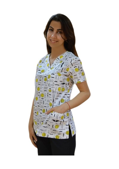 Doktor Hemşire Terikoton Emojeli V Yaka Üniforma Üst