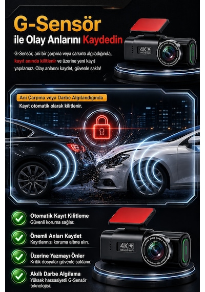 4k Ultra Hd Araç Kamerası Çift Lens Ön Arka Wi-fi Gps Park Modu Gece Görüşlü G-sensörlü Araç İçi Güvenlik Kamerası