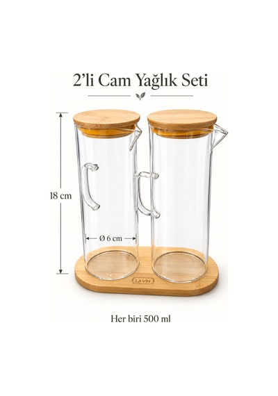 Lavin Bambu Altlıklı Ve Kapaklı 2 Li Cam Yağlık Sirkelik Seti 500 Ml Bambu Ve Şeffaf