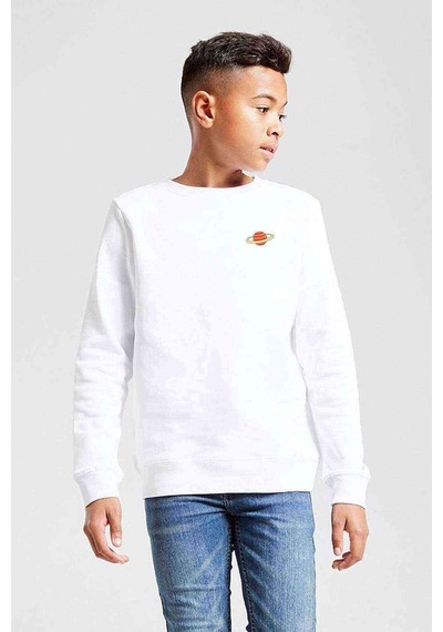 Tshirthane Saturn Göğüs Baskılı Unisex Çocuk Beyaz Sweatshirt Beyaz