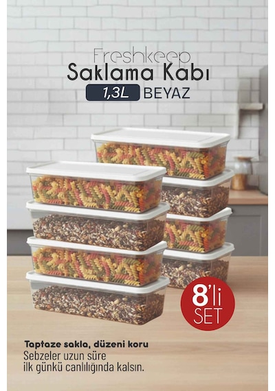 8'li Saklama Kabı 1,3 Litre Derin Dondurucu Mikrodalga Uyumlu Ekru