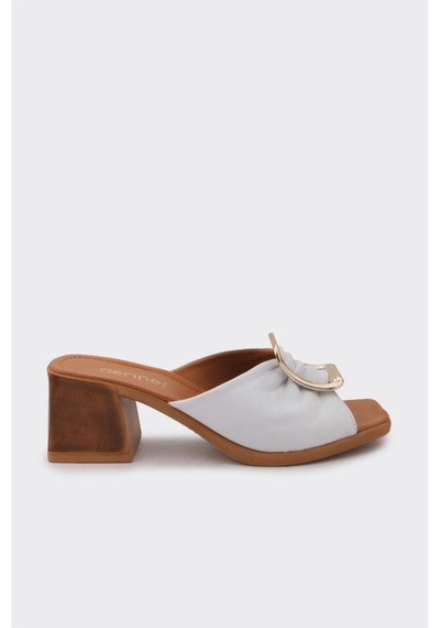 Derinet Hakiki Deri Kısa Topuklu Kadın Terlik Beyaz Beyaz