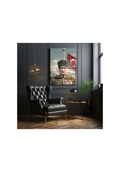 Atatürk Askeri Üniformalı Türk Bayraklı Cam Tablo Mustafa Kemal Atatürk Portresi Ev Ve Ofis Dekoru
