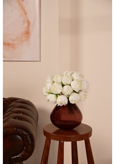 Beyaz Premium Yapay Peony Şakayık Çiçeği Buketi 7 Dallı Lüx İpeksi Dokulu 25 Cm