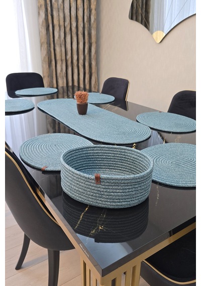 6 Lı Oval Supla 1 Runner 1 Dekoratif Ekmek Sepeti Seti Desenli Sunumluk Yemek Takımı Turkuaz