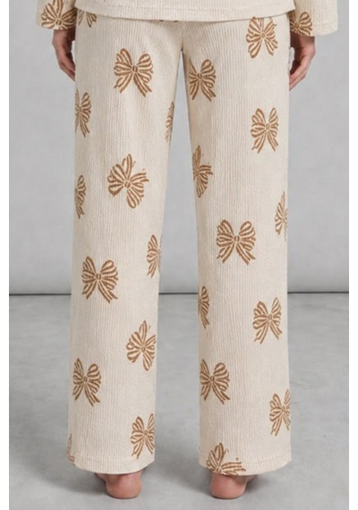 Kadın Desenli Uzun Kollu Krem Pijama Takımı 4762