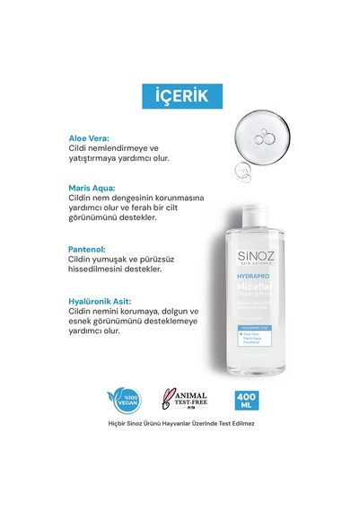 Sinoz Hydrapro Micellar Water Hassas Ciltler İçin Nemlendirici Makyaj Temizleme Suyu 400 Ml
