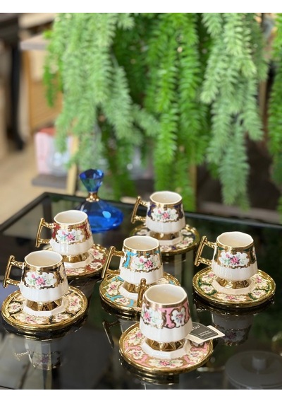 Arow Queen Art 6 Kişilik Porselen Türk Kahvesi Fincanı Takımı Çok Renkli