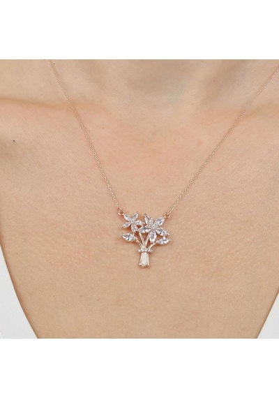 Işıltılı Sevgi Demeti Rose Renk Gümüş Kolye