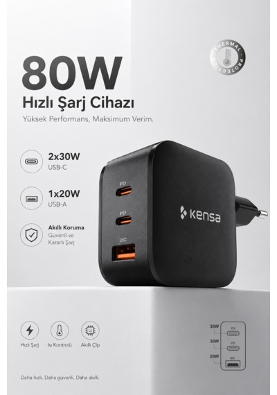 80w Üç Portlu Usb-c Girişli Akıllı Hızlı Şarj Adaptörü