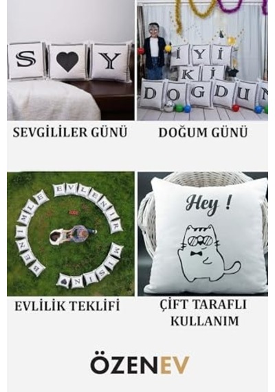 Ayrex Kırlent Kılıfı Kadife 43x43 Cm Çift Taraflı S Harfi Kedi Desenli Evlilik Teklifi Doğum Günü Diğer