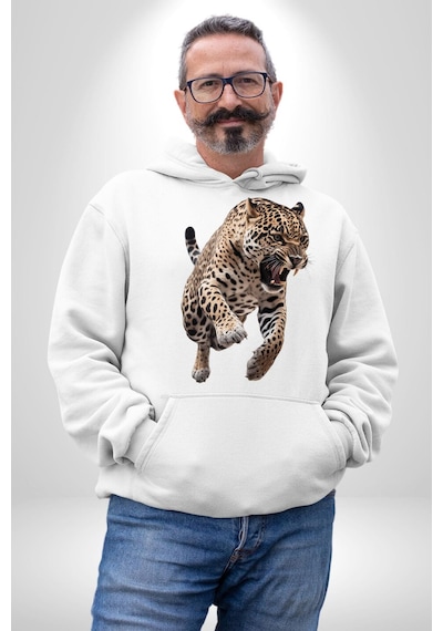 Jaguar Sırtından Çıkan Kadın Erkek Beyaz Kapüşonlu Sweatshirt Hoodie Beyaz