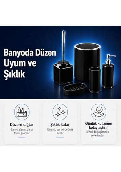 5li Banyo Seti, Beş Parça Düzenleyici, 5 Litre Çöp Kovası, Tuvalet Fırçası, Sıvı Ve Katı Sabunluk, Diş Fırça Ve Macunu Kutusu Siyah Diğer