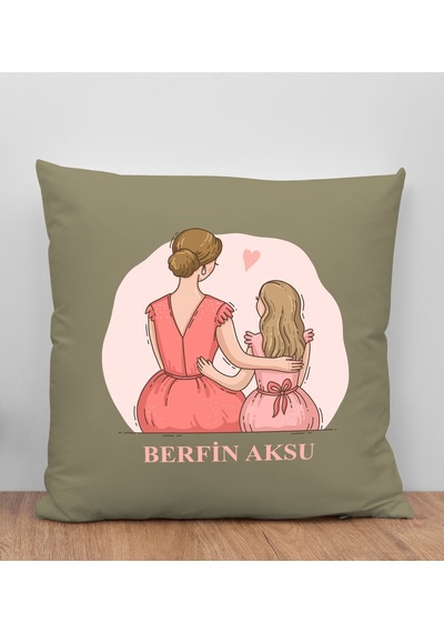 Bk Gift Kişiye Özel İsimli Anneler Günü Tasarımlı Haki Kırlent Yastık, Anneye , Ev Dekorasyonu, Anneler Günü si-5 Açık Bej