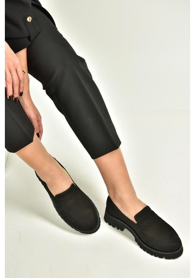 Fox Shoes V944086101 Siyah Hakiki Deri Nubuk Kalın Tabanlı Makosen Ayakkabı Siyah