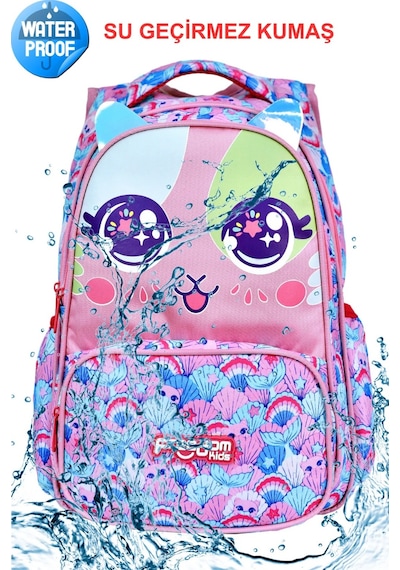 Pembe Kedi Baskılı, Su Geçirmez, Ortopedik Sırt Özellikli İlkokul