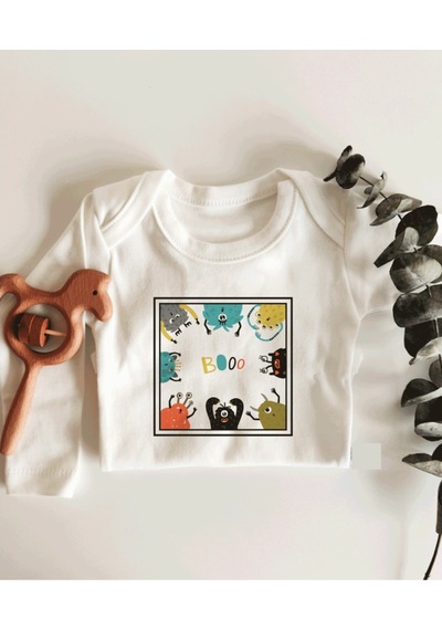 İmaj Tuğbababy Boo Halloween Desenli Organik Bebek Uzun Kol Body Beyaz